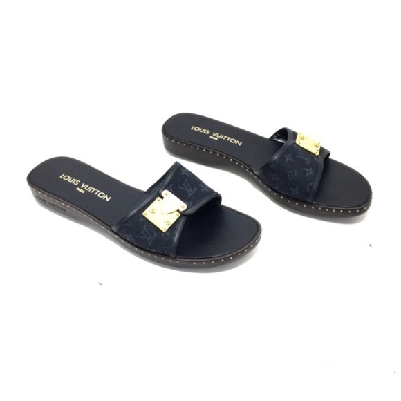 NWOTs Louis Vuitton Navy Blue Logo Canvas Sandals - Picture 1 of 8